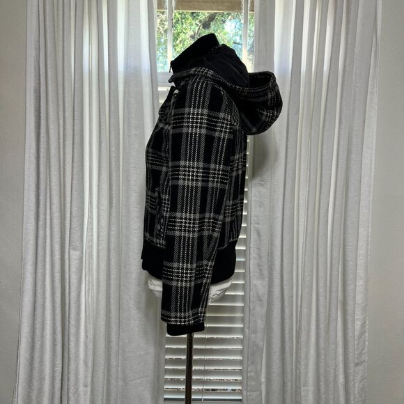 New York & Company Plaid Hooded Jacket Black White M Snap Zip Wool Blend - Picture 6 of 12